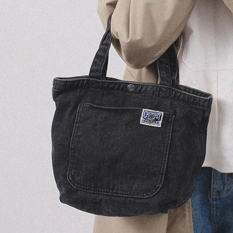 Ins Creative Denim Bag Female Lunch Bag Coin Cell Phone Bag Cowboy Outer Patch Pocket Handbag Picnic Bento Bag