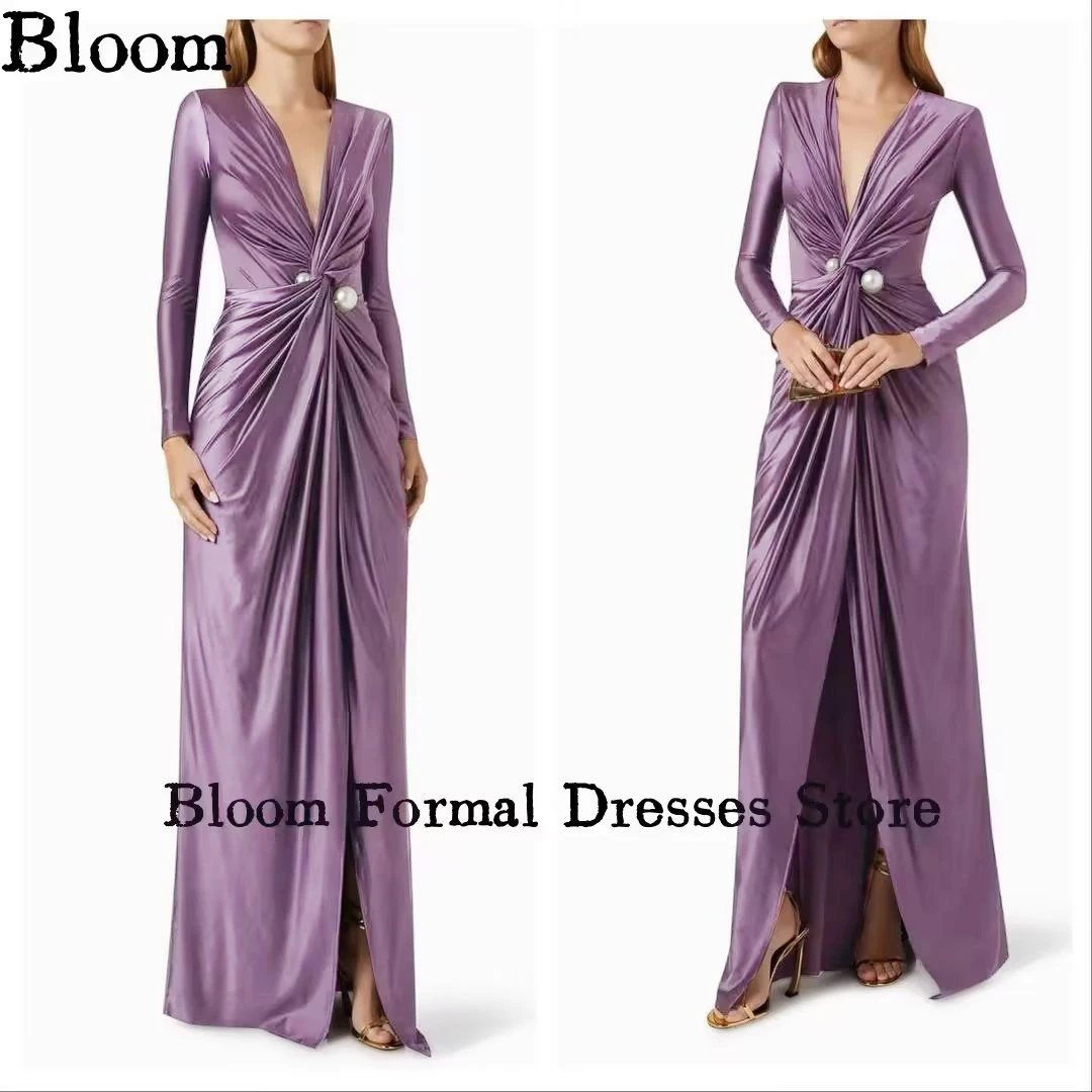 Bloom Personalizza scollo a V maniche lunghe abito da sera formale perle increspate fino al pavimento eleganti abiti da festa di nozze da donna per il ballo di fine anno