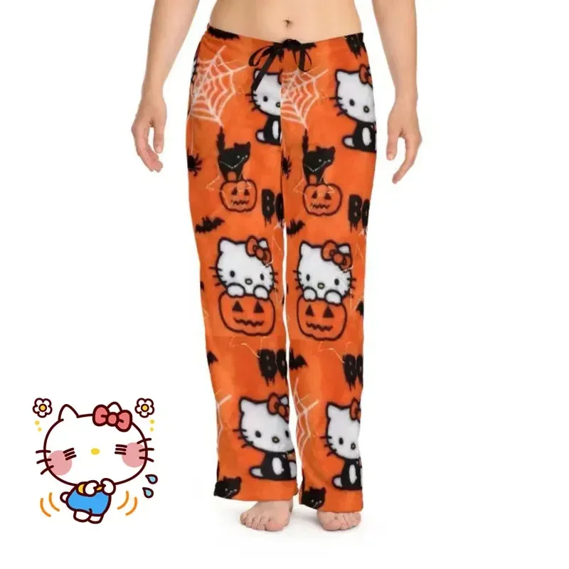 Celana panjang Sanrio Hello Kitty piyama, flanel Halloween Anime kartun mode celana rumah kasual wol Kawaii 2024