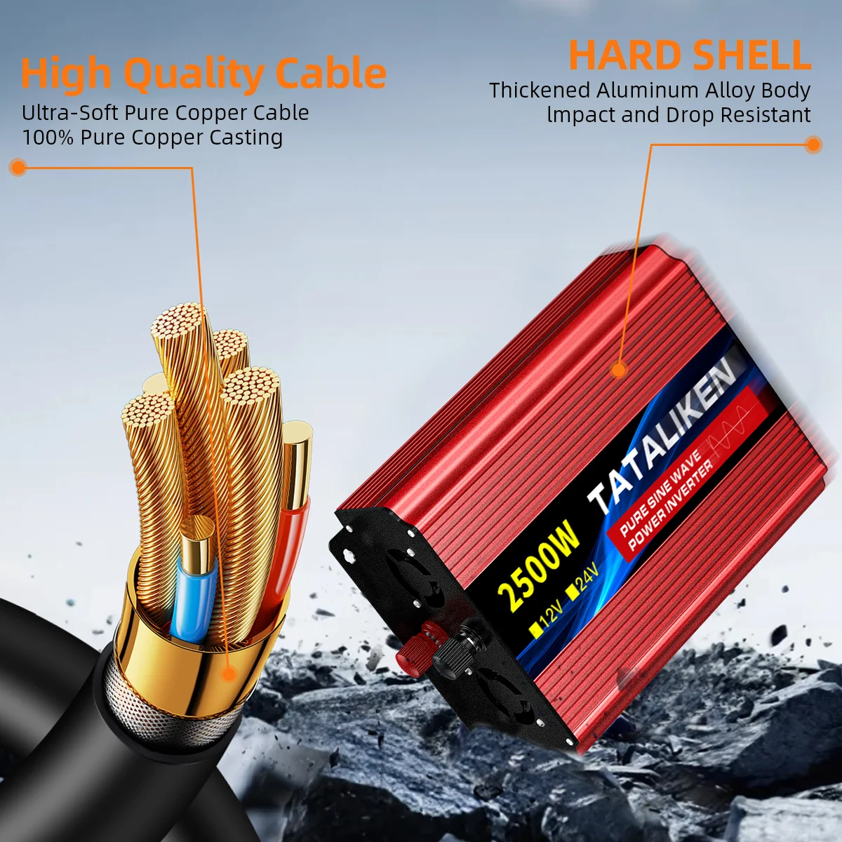 1000W 1600W 2200W 2500W Pure Sine Wave Inverter 12V DC to 220V AC 60Hz US Socket LCD Digital Display Intelligent Cooling Fan