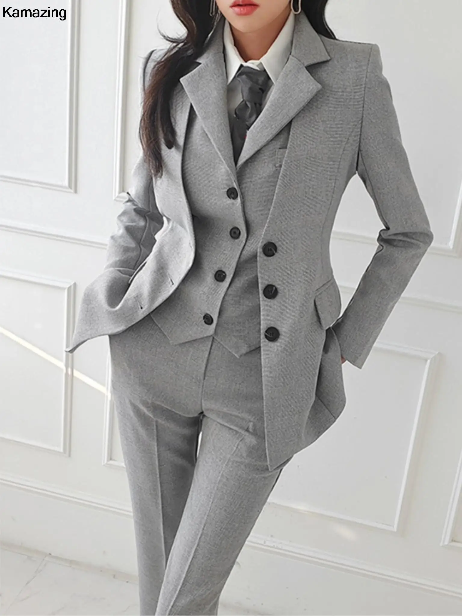 New Fashion Office Lady 3 Piece Blazer Suit Women Business Formal Outfits Vintage Notched Lapel Jackets Button Vest Pants Set