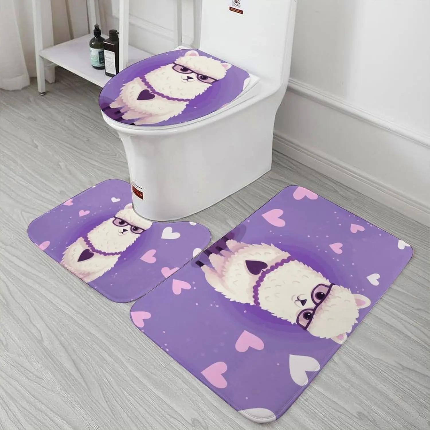 3 Piece Bath Rug Set Non Slip Absorbent Bath Mat Contour Mat with Toilet Lid Cover Love Alpaca Purple Soft Floor Mats for