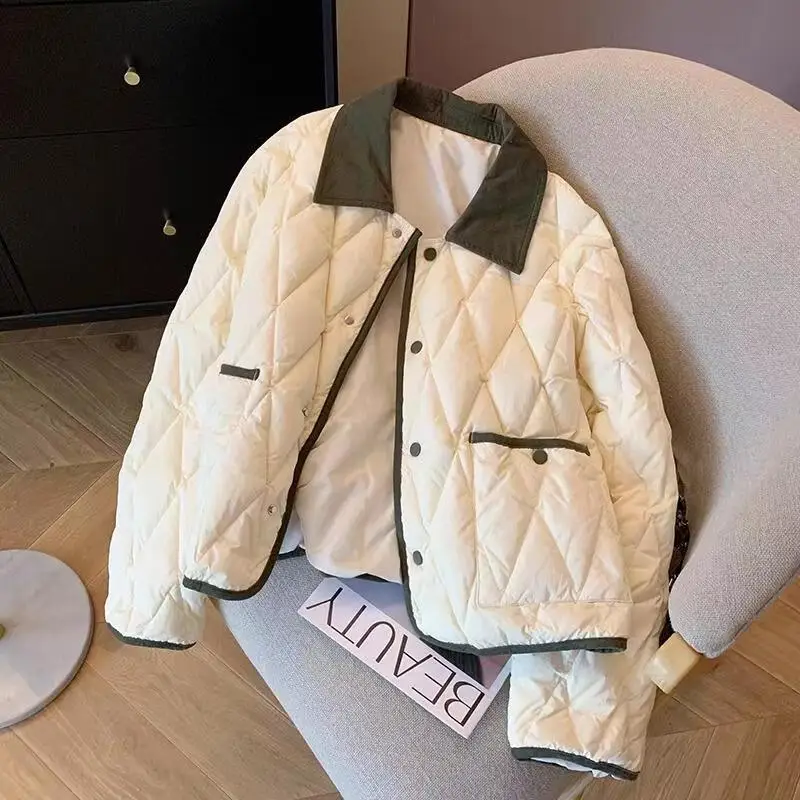 Korean Edition Color Blocked Turndown Collar Cotton Coat Women Autumn Winter New Short Clip Single Breasted Cotton Jacket