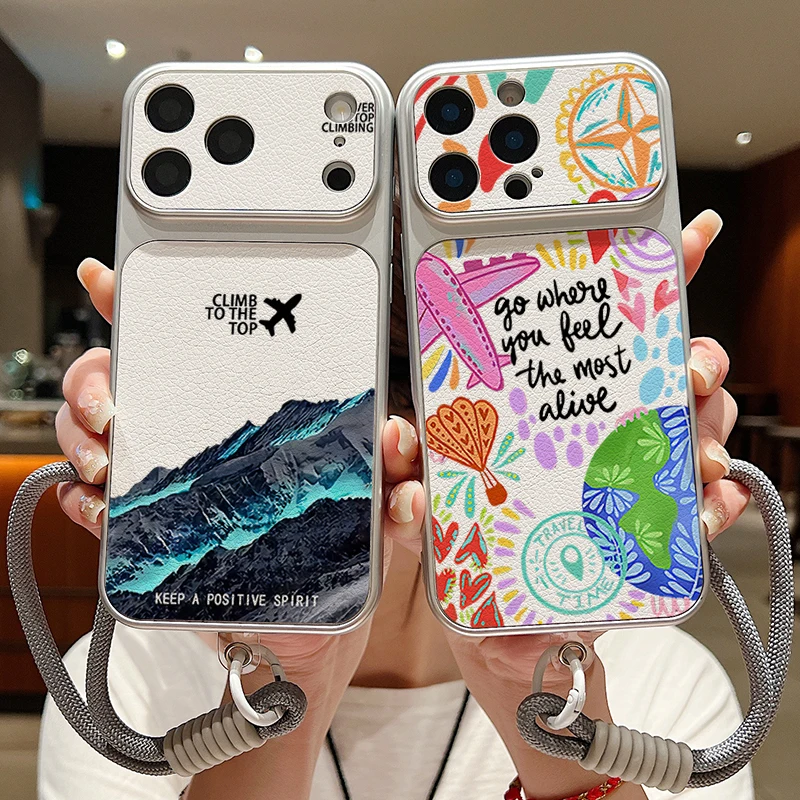 Matte Leather Texture Phone Case For iPhone 17 Pro 16 15 14 13 Pro Max Air Route Pattern Wrist Strap Lanyard Soft TPU Back Cover view 2