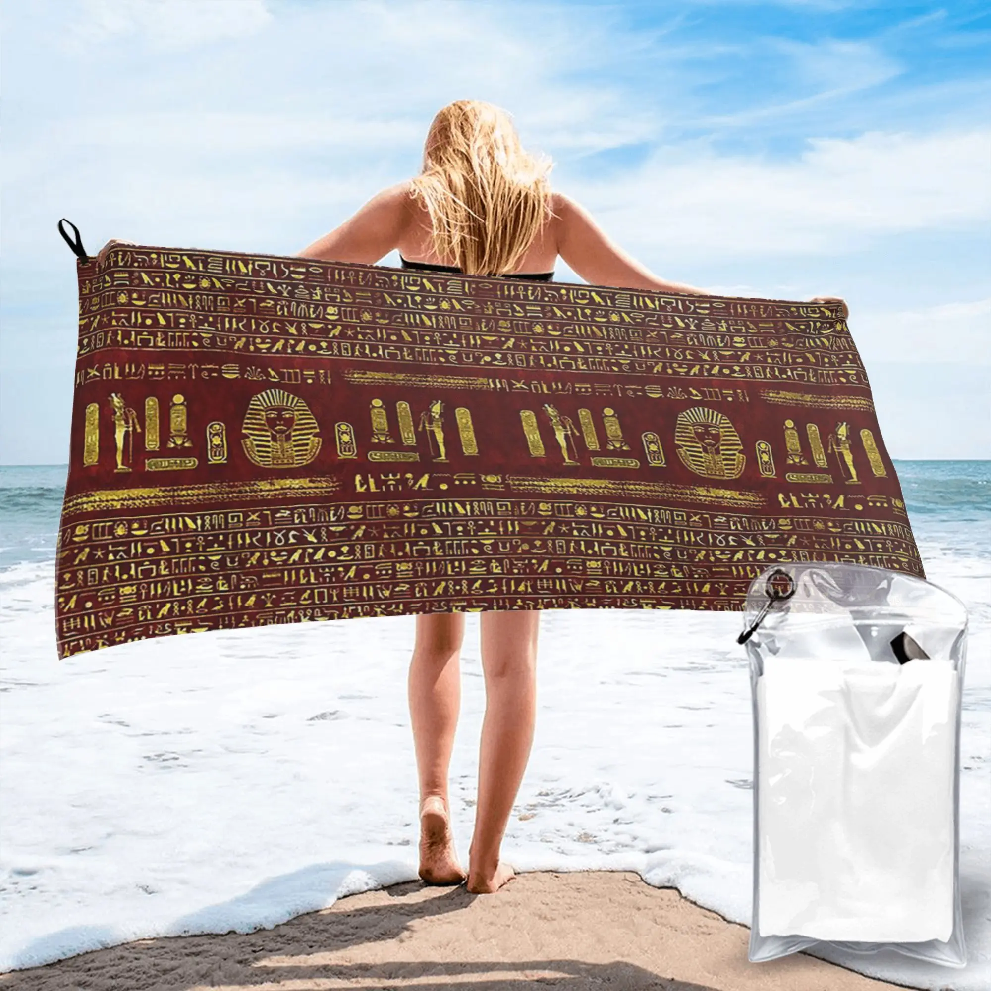 Golden Egyptian Sphinx on red leather Beach Towel Soft Microfiber Quick Dry Absorbent Quick Towels For Yoga