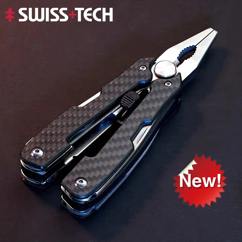 2025 New SWISS TECH Carbon Fiber Multitool Pliers 9 In 1 Outdoor EDC Folding Multi-functional Tools Push-Out Pliers Design