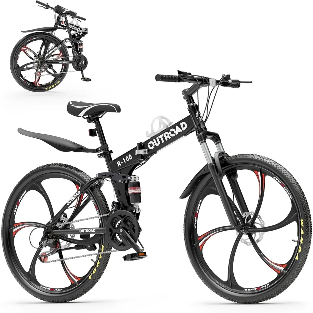 

Folding mountain bike, 21-speed full suspension bike with high carbon steel, dual disc brakes non-slip quick release tires