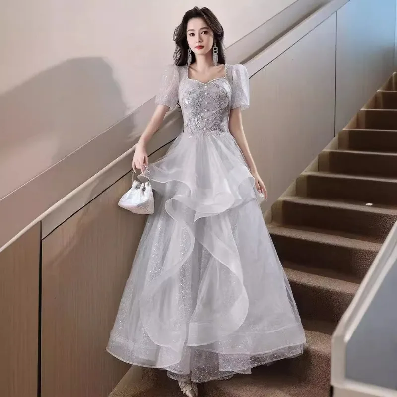 

Новинка 202, женское летнее банкетное серое сетчатое вечернее платье, модное облегающее новогоднее платье президента с квадратным лидером