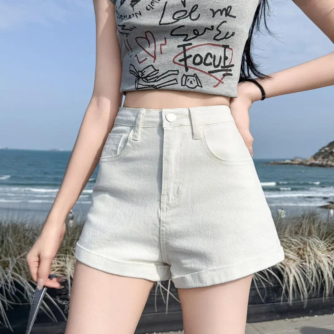 White Cuffed Denim Shorts Women Summer Wide Leg Pants Casual Cool A-Line Straight Hot Pants High Waist Zipper Cotton Stretch