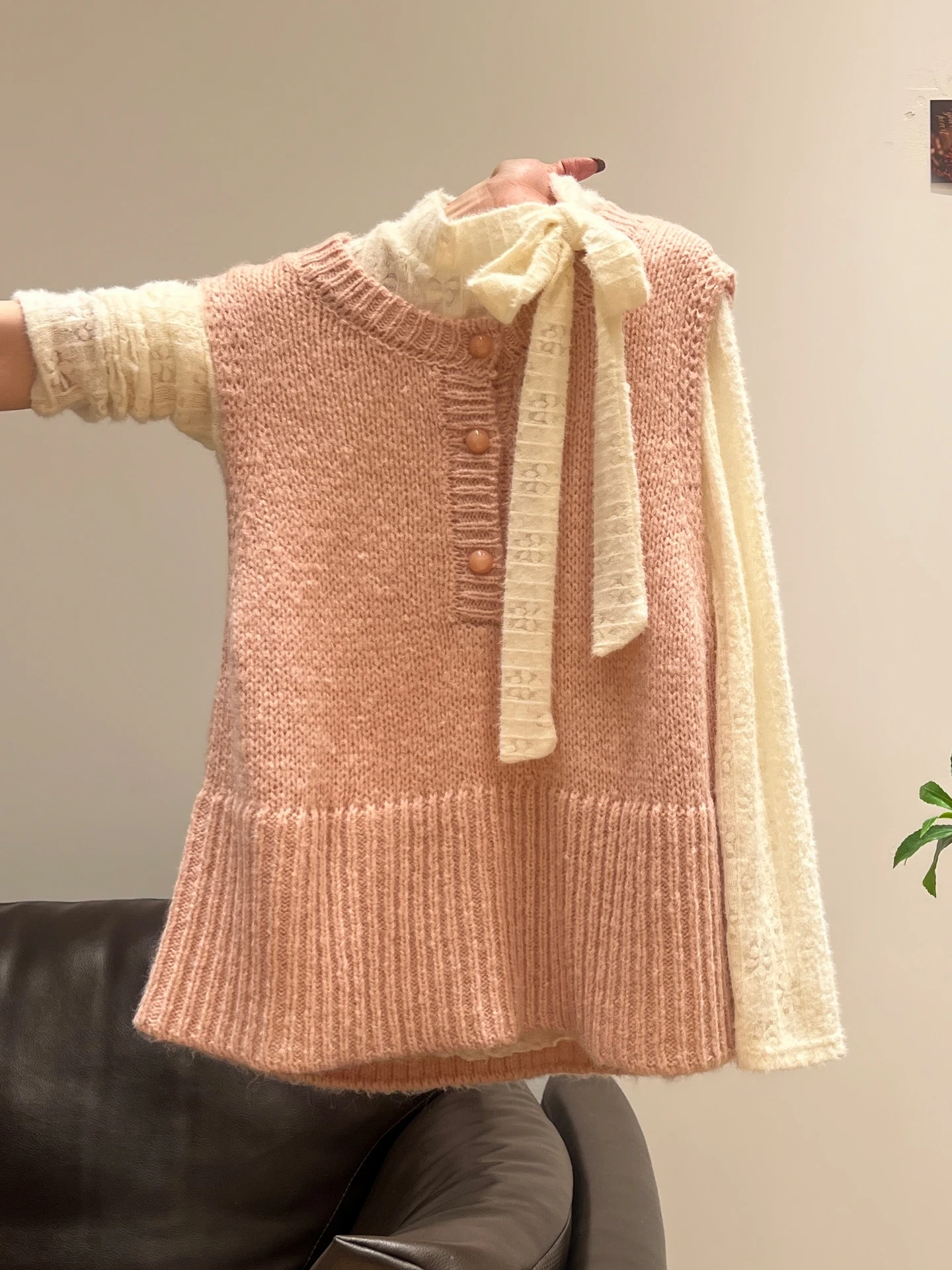 

Pink Knitted Vest Top Women's Spring 2026 round Ne Svel Two-Piece Set Commute Sle Casual Stand Fit Single Button