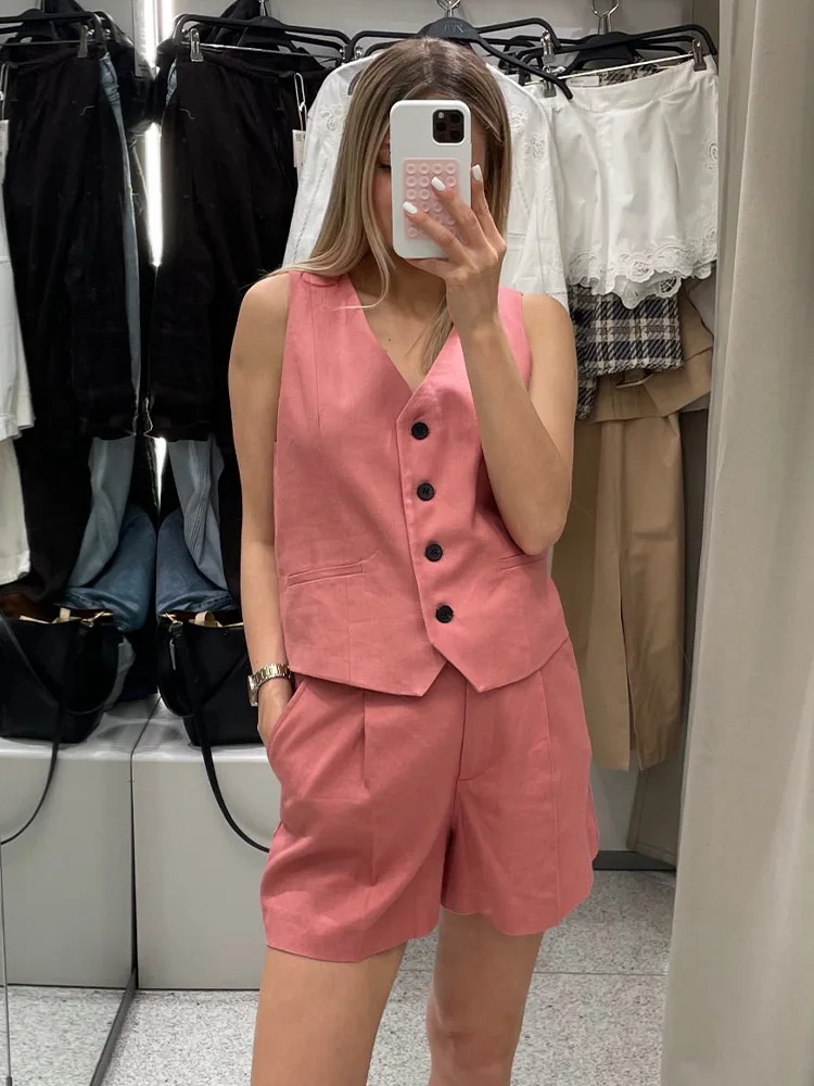 

TRAFZA Women Fashion Set V-Neck Sleeveless Single-breasted Vest Top+High Waist Pockets Casual Linen Texture Summer Shorts Suits