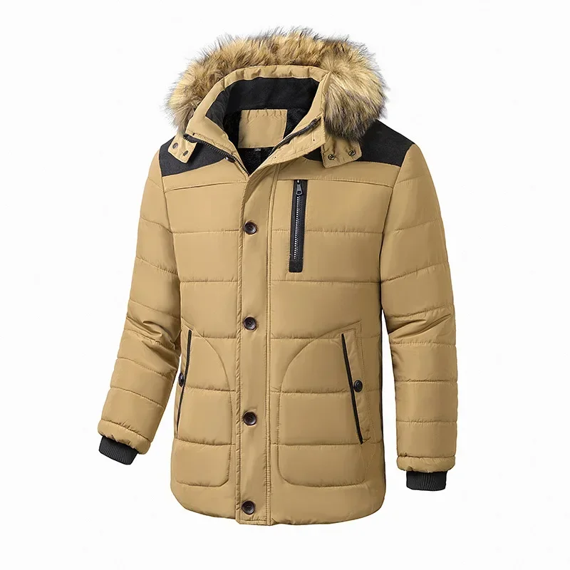 Parka quente grossa forrado de lã masculina, capuz destacável, casaco de gola de pele, jaqueta de pelúcia masculina, à prova de vento, outono, inverno, trabalho, novo