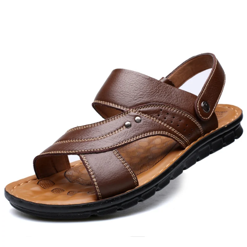 Summer Men\'s Leather Sandals Outdoor Non-slip Men\'s Beach Sandals Handmade Leather Men\'s Shoes Fashion Men Flip-flops