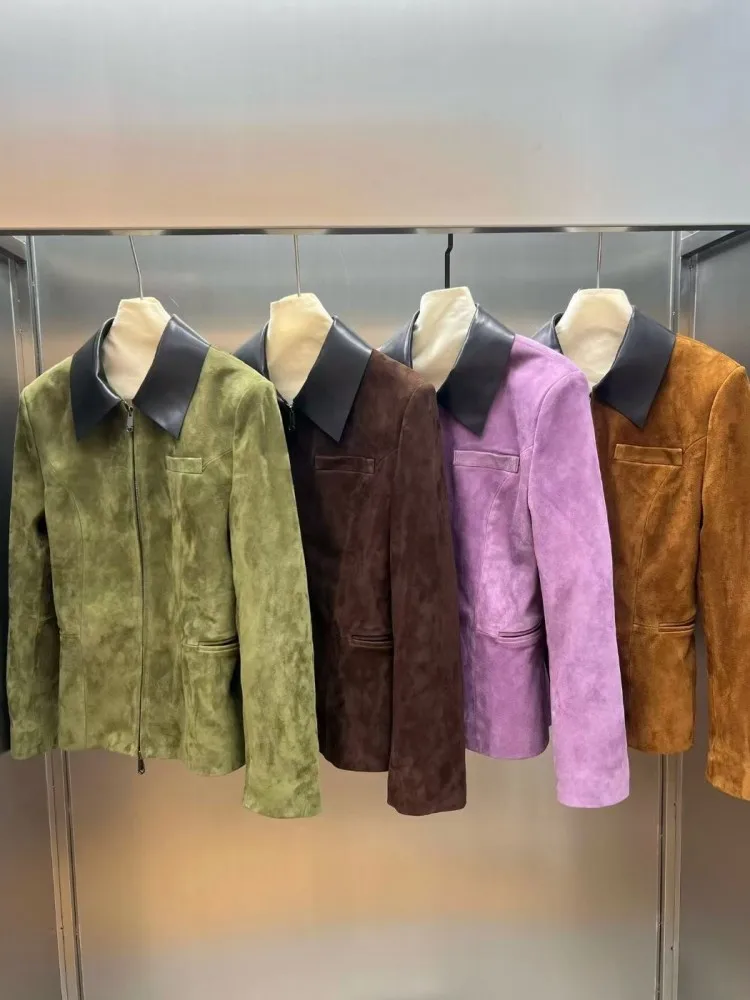 Capispalla in vera pelle confortevole da donna stile retrò con cerniera risvolto tinta unita maniche lunghe capispalla sottile in pelle scamosciata di pecora