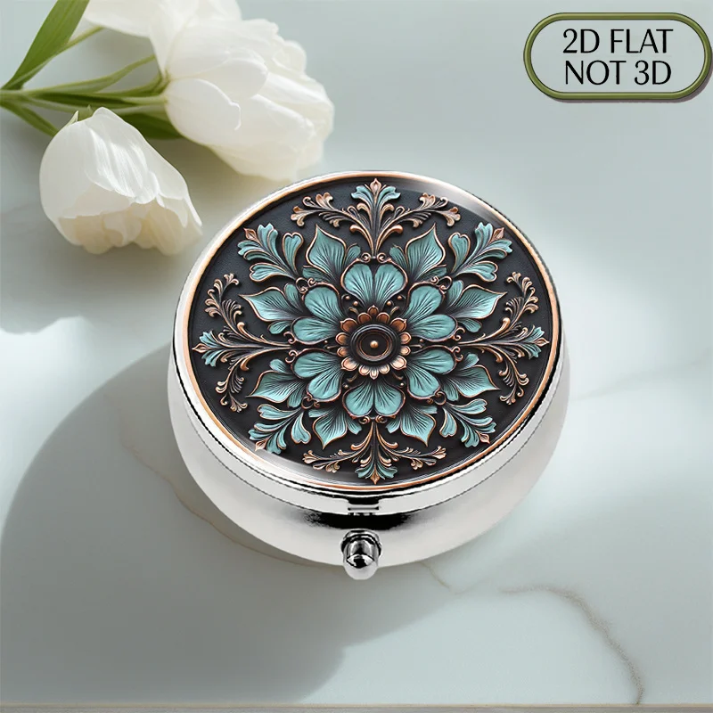 (Flat) 1pc food-grade portable round metal pill box, featuring a central floral pattern complemented by exquisite copper accents, suitable for travel and as a gift. It has compartments for storing decorative small items and dividing pills, making it a thoughtful gift for elders and friends.