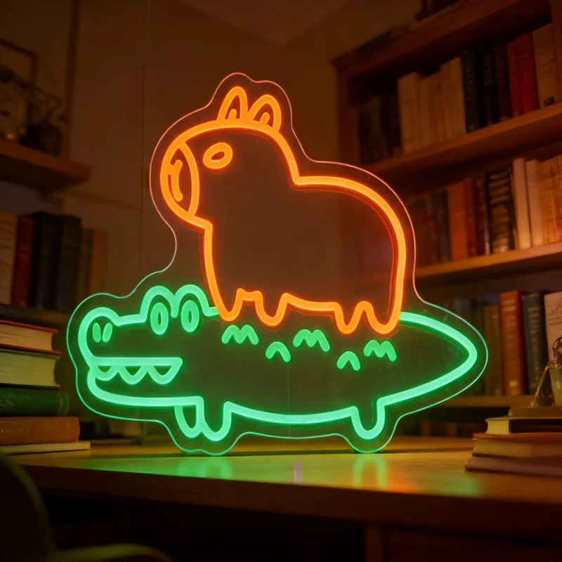 

Friendly Capybara on Crocodile Cartoon Animal LED Neon Light for Kids Bedroom Nursery Home Decor Playful Night Light Gift