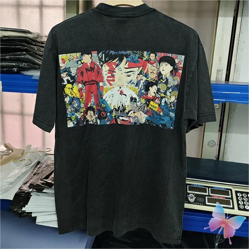 24ss Summer AKIRA T-shirts Motorcycle Boy Vintage Washed Black Cotton Anime Short Sleeve Hiphop Street Loose Men Women Tshirts