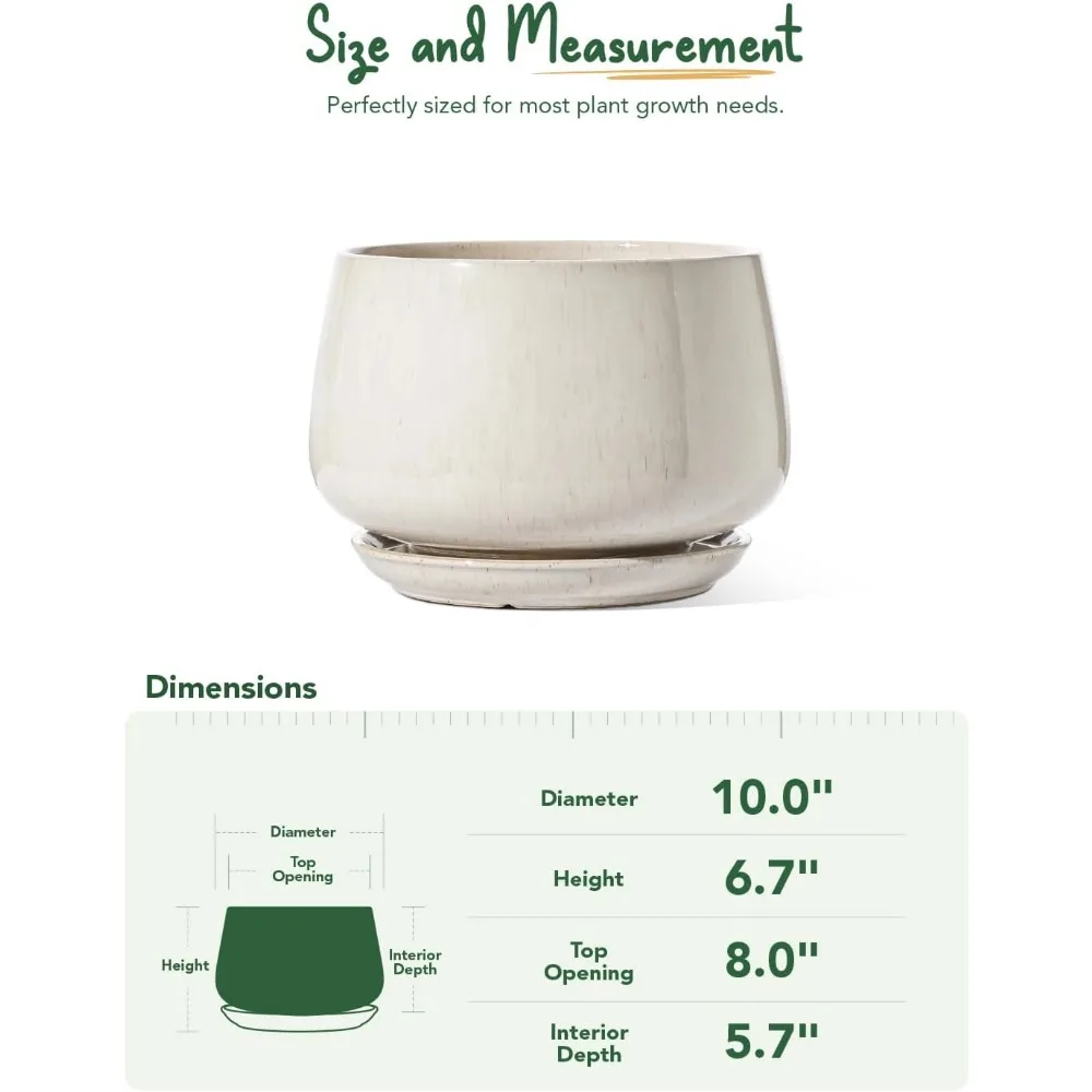 

10 Inch Ceramic Planter with Drainage Hole & Saucer - Durable Indoor Plant Pot for Modern Home Decor in Beige