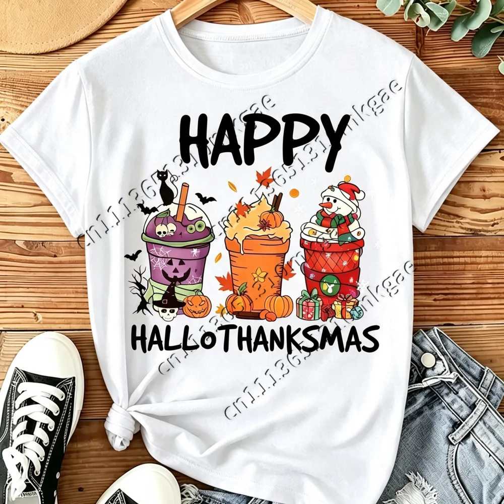 Women Happy Hallothanksmas Graphic TShirt Halloween Thanksgiving Coffee Cup Print Short Sleeve Kids Tee Fall Casual Fashion Tops