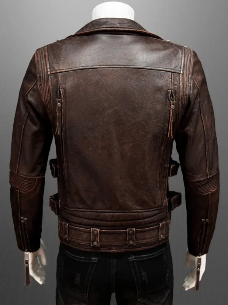 Męska kurtka z prawdziwej skóry bydlęcej Streetwear Punk motocyklowy krótki płaszcz jesienny zamek błyskawiczny Slim Vintage kurtka pilotka rozmiar 5XL 6XL — zdjęcie 6