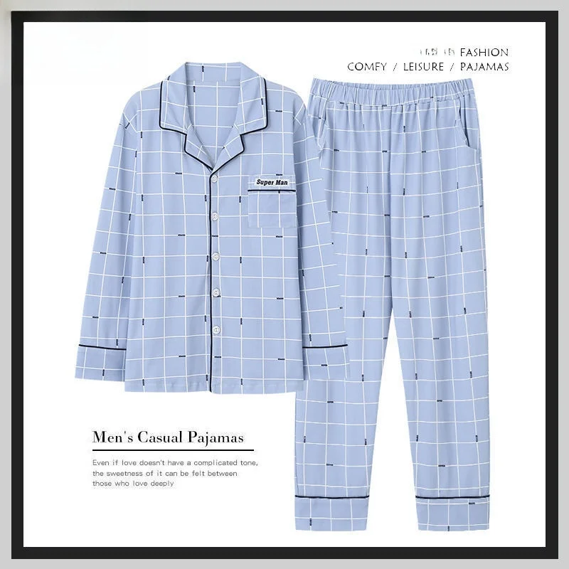 Men's Long Sleeve Cotton Pajamas Lightweight Casual Home Clothes Set Summer Fashionable Sleepwear Breathable Comfortable