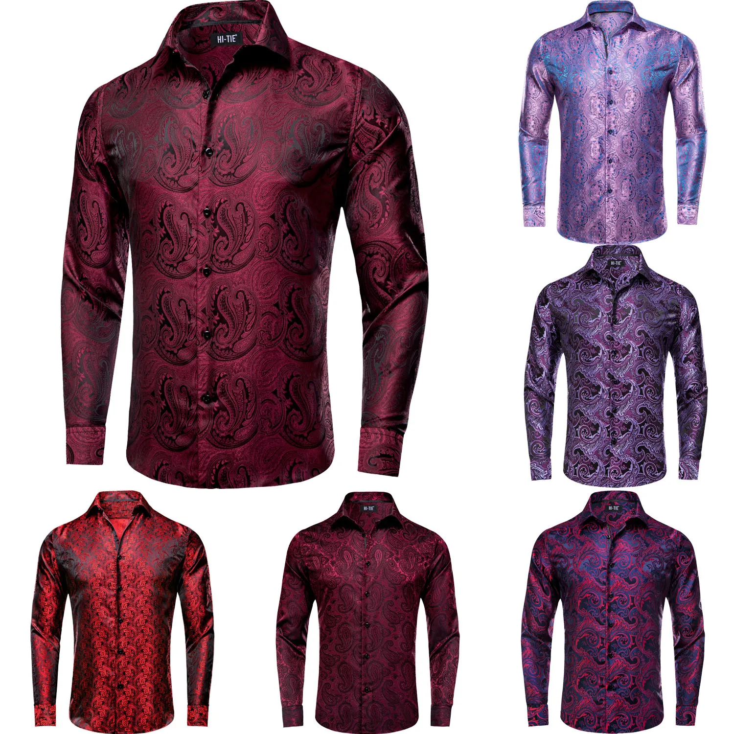 

Hi-Tie Wine Red Men's Silk Shirts Paisley Turndown Collar Long Sleeve Casual Shirt For Men Jacquard Male Business Party Wedding