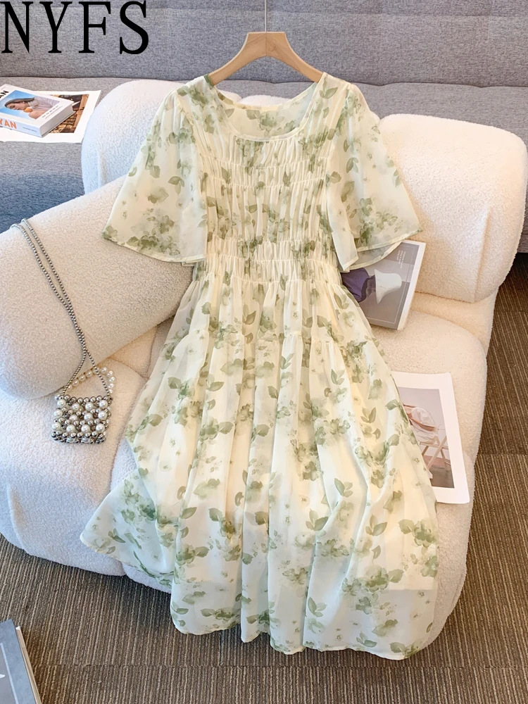 فستان نسائي مقاس كبير من NYFS لصيف 2025 فساتين طويلة فضفاضة عالية الخصر مطبوعة رداء Elbise على الطراز الكوري #1