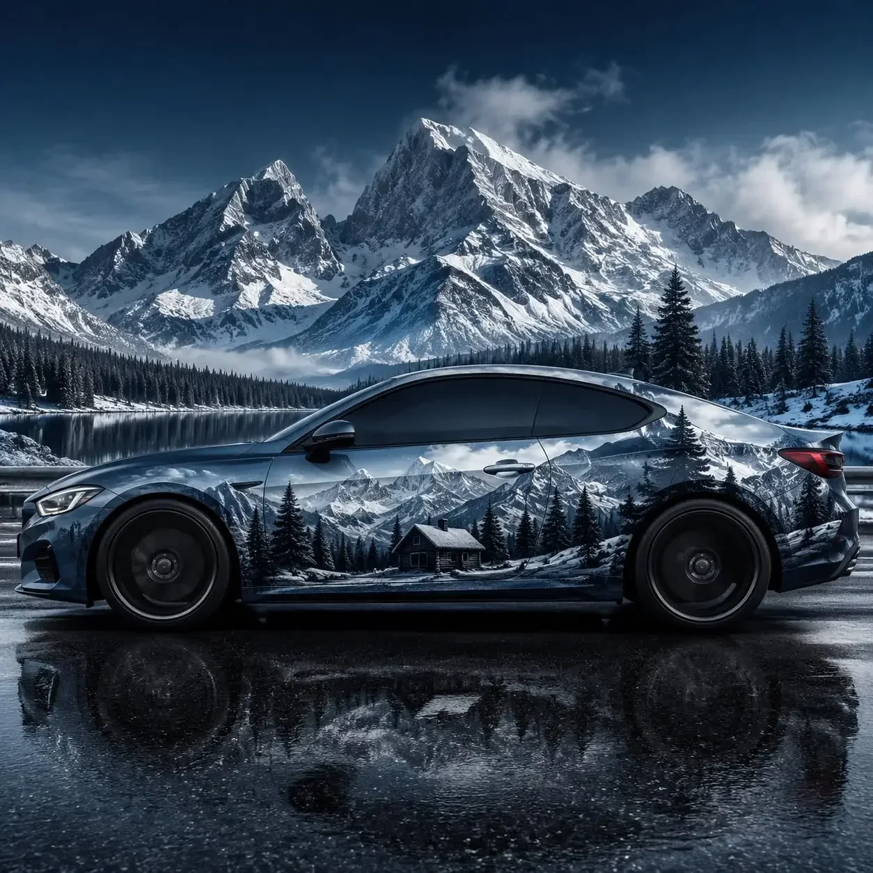 Winter Mountain Cabin Car Side Graphic Vinyl Wrap Decal