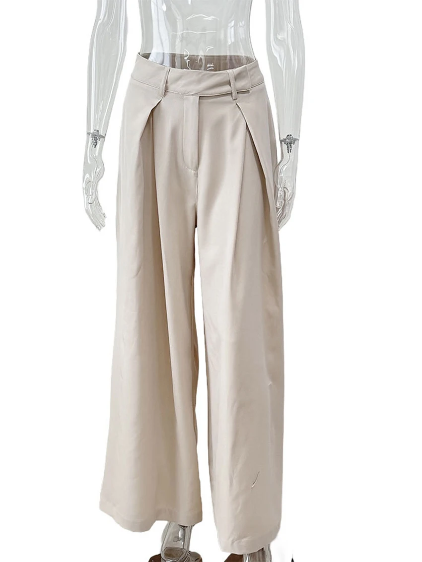 WXOY Damen-Hose, Beige, Übergröße, weites Bein, hohe Taille, plissiert, lockere Passform, elegante Freizeithose, Büro, Alltag, Stadt, Pendelkleidung