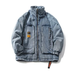 Japan Style Stand Collar Men Letters Printed Retro Denim Jacket 2023 Autumn Winter Front Big Pockets Zip Up Coat Loose