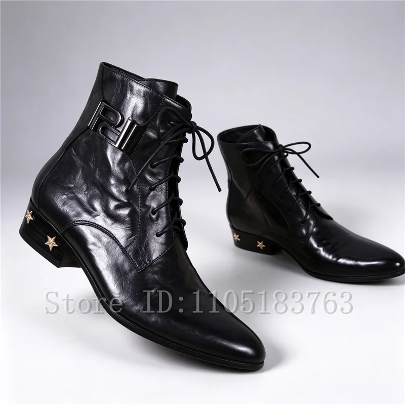 Men Black Genuine Leather Pointed Toe Ankle Boots Metal Buckle Decor Star Studded Lace Up Dress Boots for Party Wedding