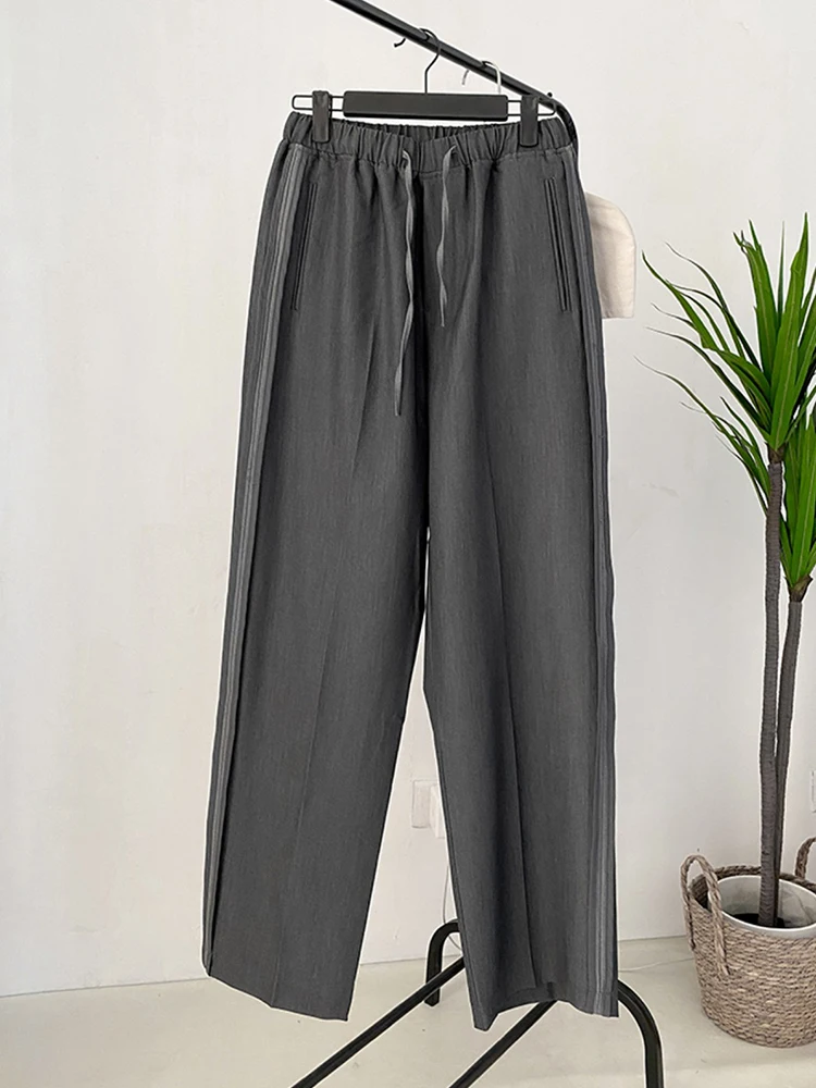 [EAM] pantalones de pierna ancha largos breves grises de cintura alta elástica nuevos pantalones sueltos de ajuste moda mujer tendencia primavera