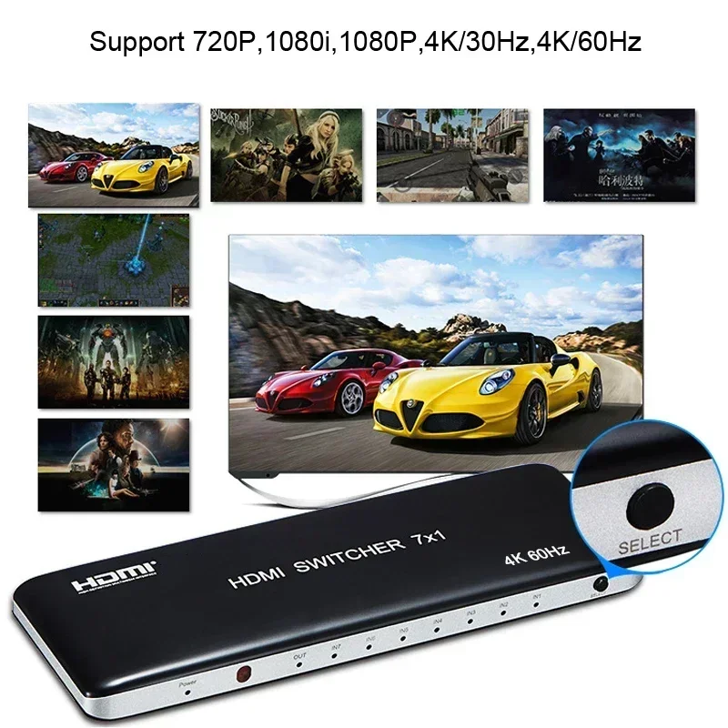 4K 60hz HDMI Switch 7x1 4x1 3x1 HDMI 2.0 Switcher Video Converter HDR 3D 3 4 7 In 1 Out for PS4 PS5 DVD Camera PC To TV Monitor