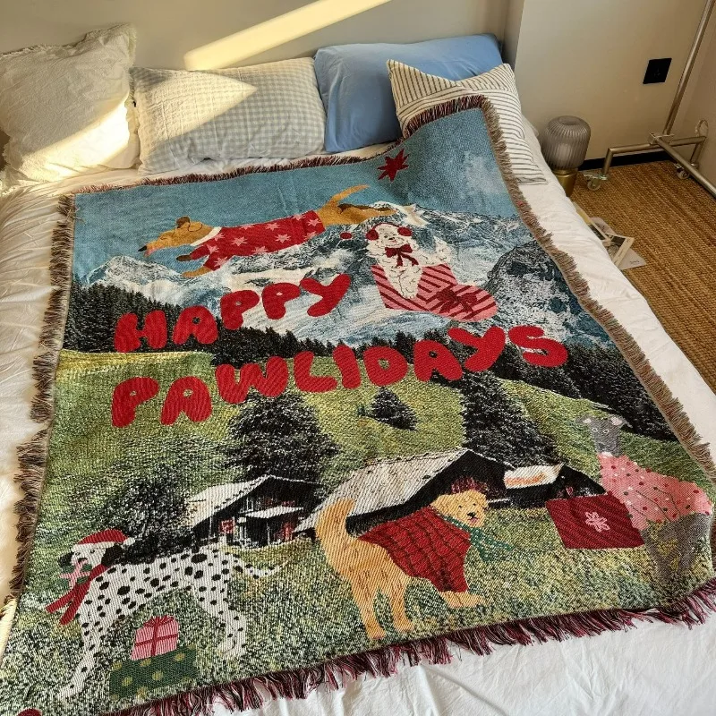 

Christmas Puppy Blankets for Beds Cute Animals Picnic Blanket Happy Dog Throw Blanket Tapestry New Year Home Decoration Gift