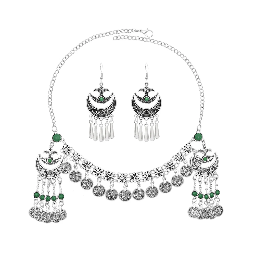 

Boho Ethnic Coins Tassel Headband Earrings Set Women Vintage Silver Carving Bell Pendant Jewelry India Cypsy Turkey Accessory