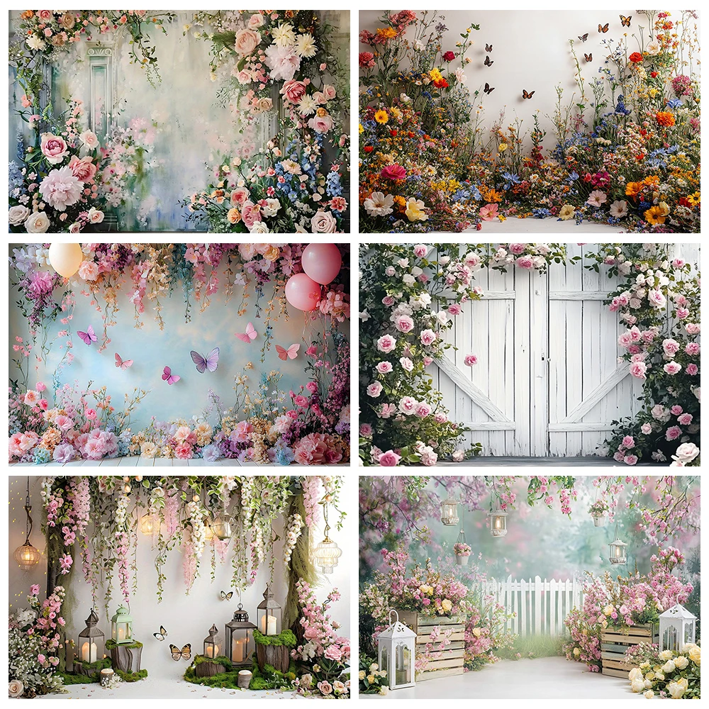 Frühlingsblumen Hintergrund Blumen Schmetterling Babyparty Mädchen Geburtstag Hochzeit Party Porträt Hintergrund Banner Photo Booth Requisiten