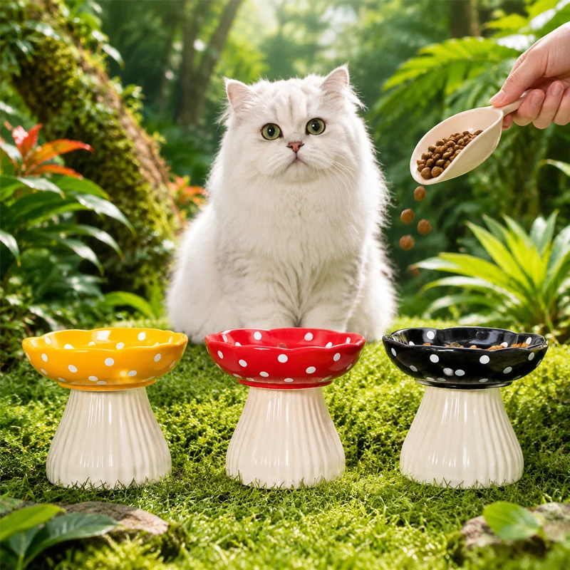 

6 Inch Mushroom Ceramic Cat Bowl Elevated Shelf Dog Water Food Bowl Beard Friendly Raised Cat Snack Dish Feeder Pet Accessories
