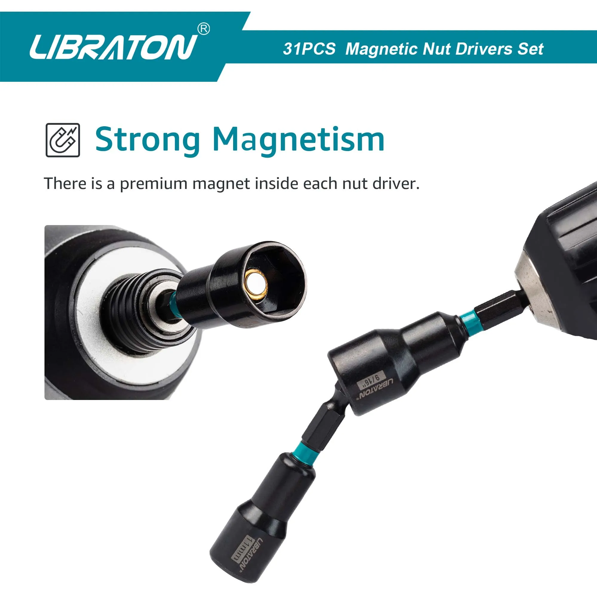 Libraton Magnetische Moer Driver Metric & Sae, 31Pcs Impact Boor Driver Bit Set, Schroevendraaier Bits, Impact Socket Adapters