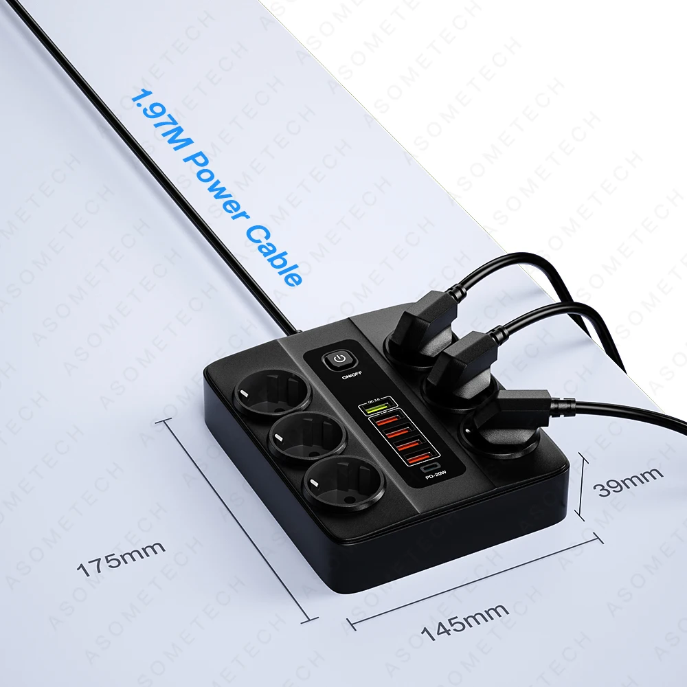 3000W 6 AC Outlets Power Strip 6 USB Charging Station Extension Cord 2M PD 20W QC3.0 USB Port Multi Outlet Charger Power Socket