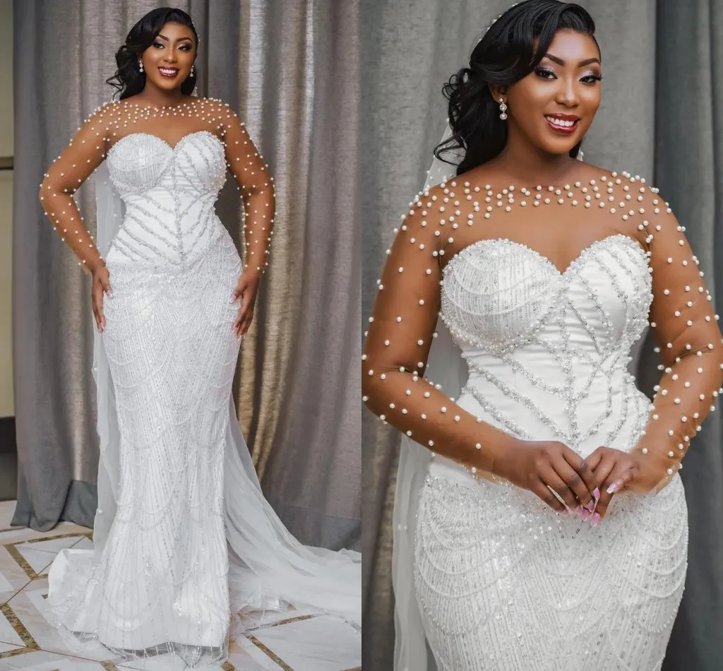 

2025 Luxury Church African Wedding Dress Sheer Neck Long Sleeves Sequins Pearls Mermaid Bridal Bride Gowns Vestidos De Noiva