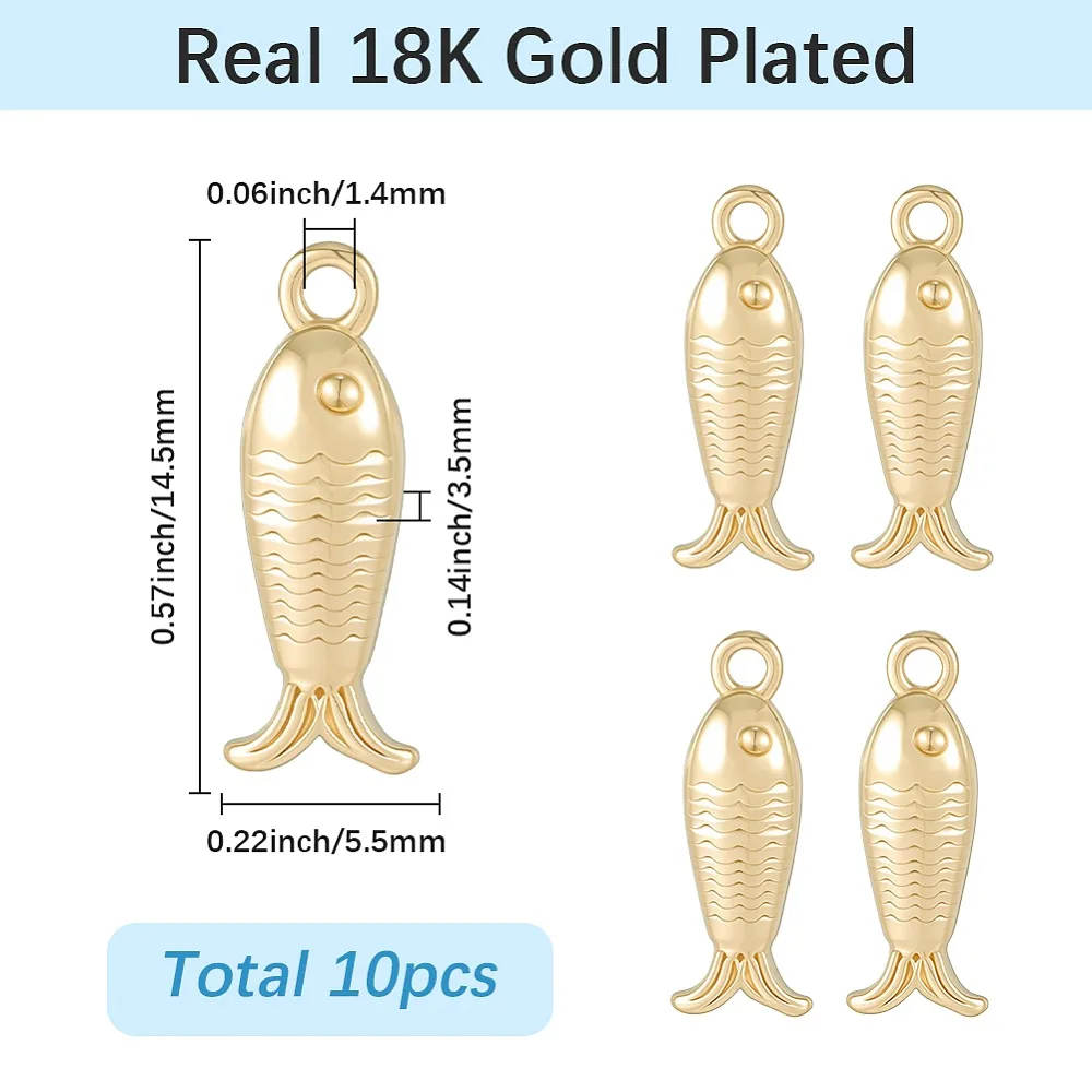 10Pcs Brass Charms Cadmium Free Nickel Free Lead Free Fish Charms Real 18K Gold Plated 14.5x5.5x3.5mm Hole: 1.4mm view 2