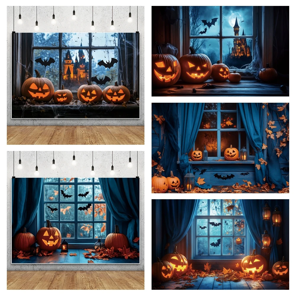 Halloween Background Full Moon Night Castle Window Blue Curtain Yellow Maple Leaf Pumpkin Lantern Halloween Party Photo Backdrop