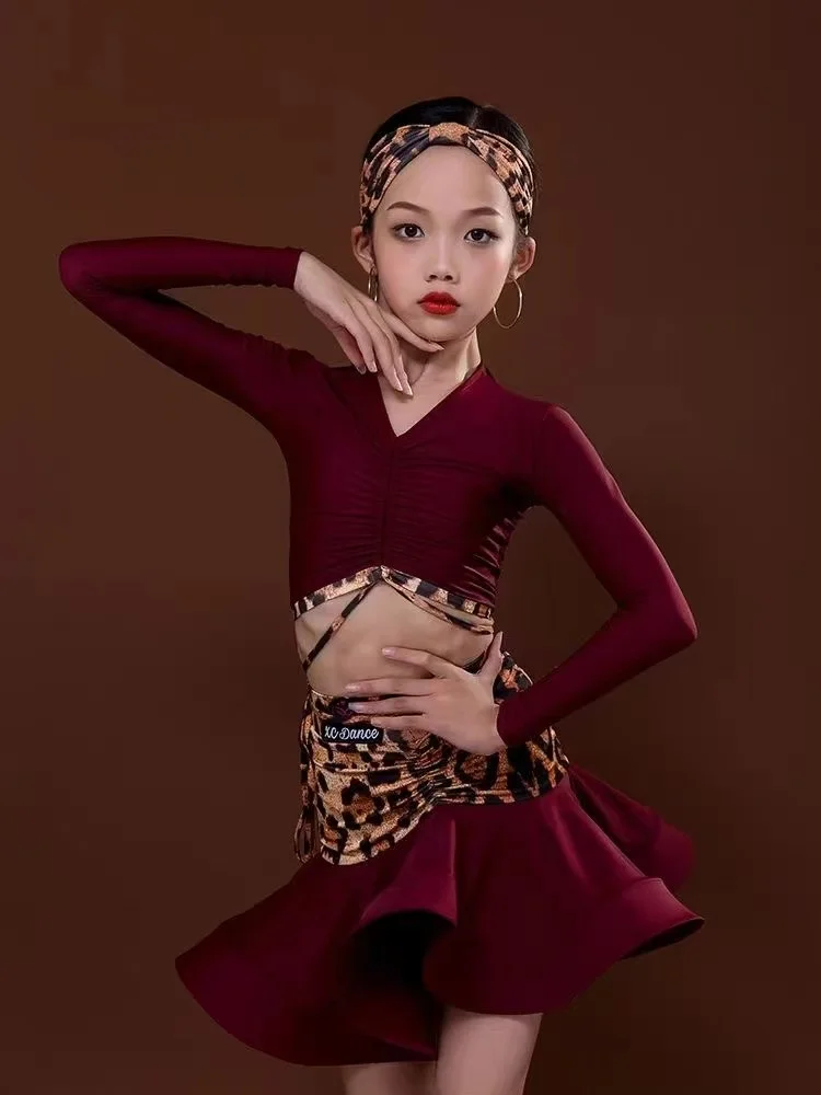 

Костюм для латиноамериканских танцев (танго, ча-ча-ча, румба) для девочек: топ и юбка, детская одежда для выступлений и тренировок, с леопардовым принтом