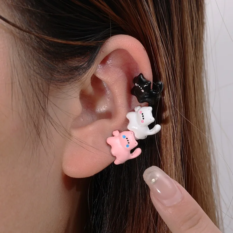 رائعتين أسود بيج وردي القط الأذن الكفة ثلاثية الأبعاد سبيكة كليب على القرط Kawaii الكرتون مجوهرات هدية لطيف النساء الفتيات الأذن اكسسوارات