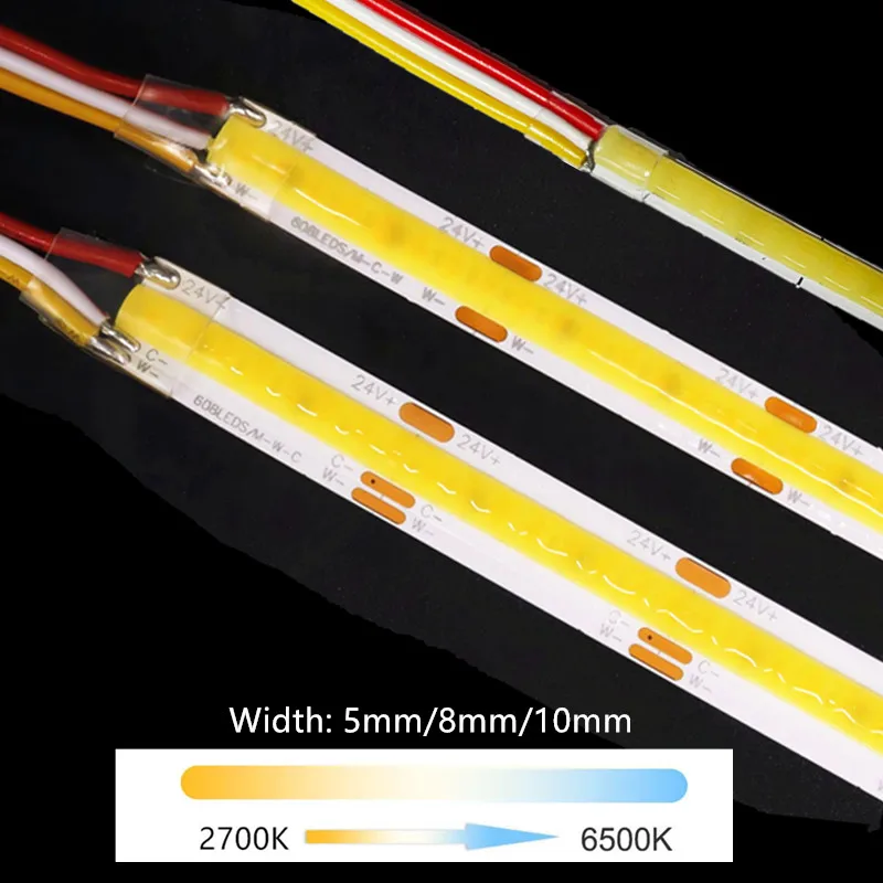 12V 24V DC CCT COB LED ストリップライト 2700K から 6500K 色変更 LED テープリニアダブルカラー RA90 調光可能なリボン 5 ミリメートル 8 ミリメートル幅