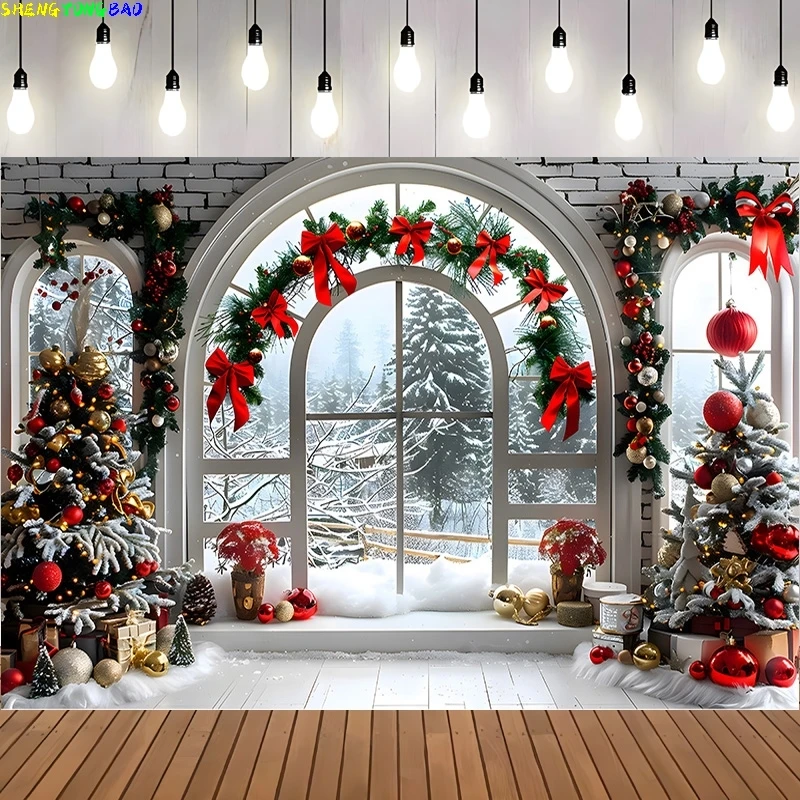 

Vinyl Custom Christmas Wreath Window Photography Backdrops Prop Happy New Year Decoration Family Holiday Party Background RR-998