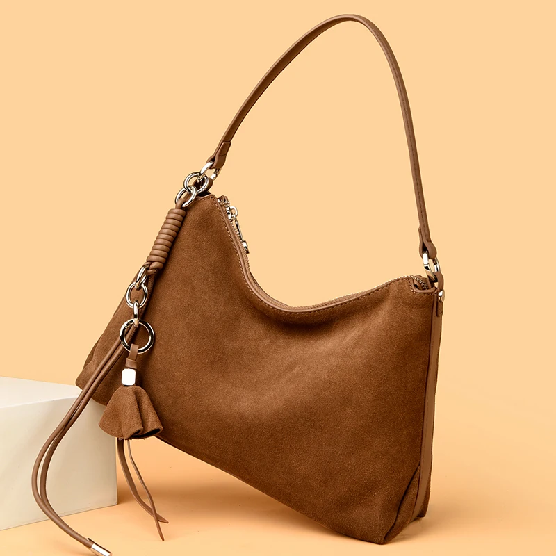 100% Echtes Wildleder Damen Schulter-Umhängetaschen Retro Echtleder Handtasche Designer Große Kapazität Pendler-Handtaschen – Detail 32