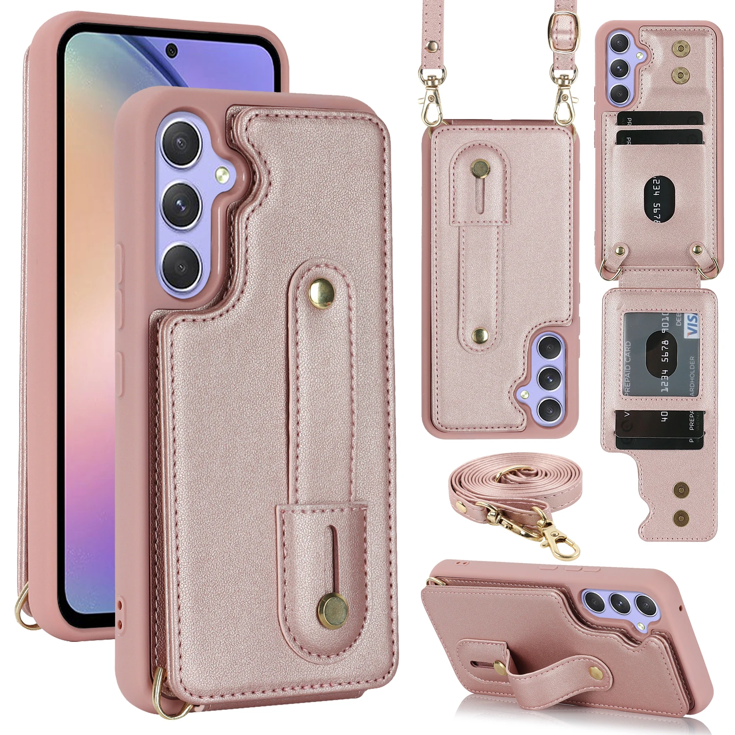 Crossbody Leather Wallet Wristband Case for Samsung Galaxy A54 A14 A34 A53 A52 A13 S23 Ultra S22 Plus Cards Solt Necklace Cover