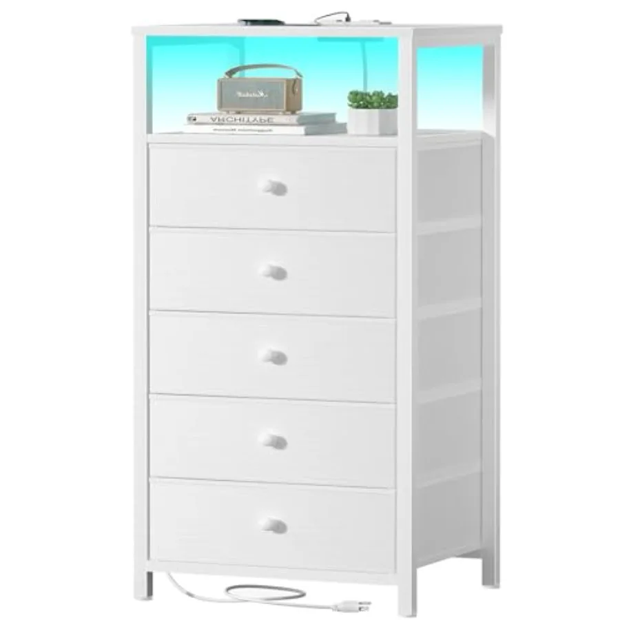 

White 5-Drawer Tall Nightstand with Charging Station and LED Light for Bedroom Storage Modern Closet Organizer