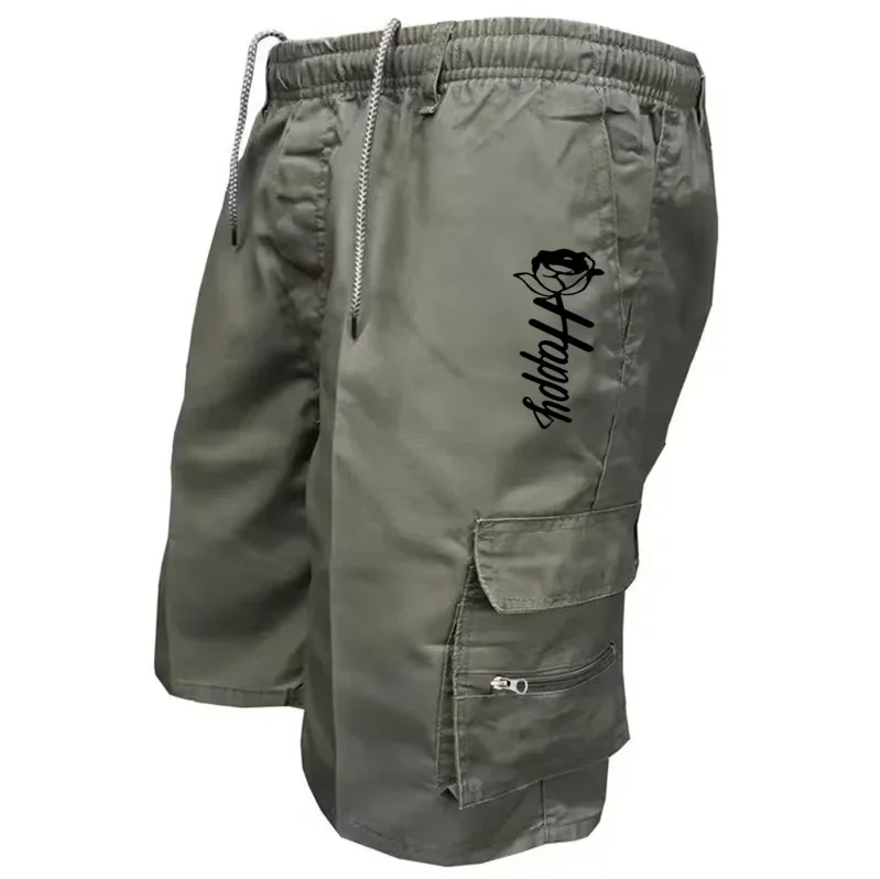 Men Army‑Green Drawstring Cargo Shorts Black Haddah Rose Floral Print Multi Zipper Pockets Casual Work Shorts